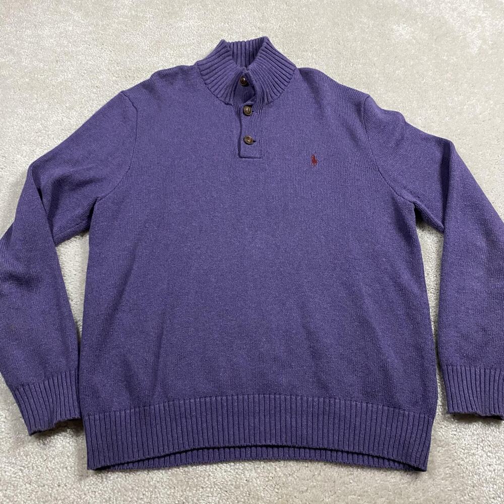 Polo Ralph Lauren Sweater Mens XL Purple Henley Mock Neck Cotton Knit Pony Logo